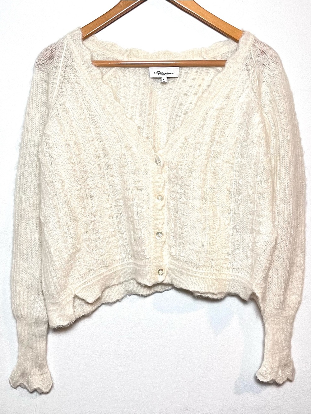 3.1 Philip Lim Fuzzy V-Neck Cardigan Size Large Cream Alpaca Wool Knit